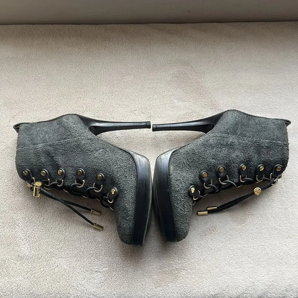 Tory Burch Hamila Dark Gray Distressed Suede Lace Up High Heel Booties Women 6.5